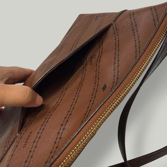 FOSSIL Crossbody Women Bag Brown Fiona Adjustable Strap Stripe Pattern Brass - Picture 4 of 16